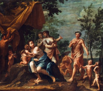 Apollo als Hirte nähert sich den drei Grazien, mit Venus, Cupido, Amoretten, Pan und Panskindern von Marcantonio Franceschini